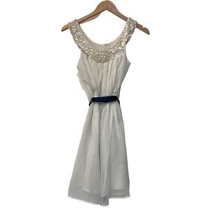 Alloy Gauzy White Dress Navy blue ribbon belt with button neckline S spring